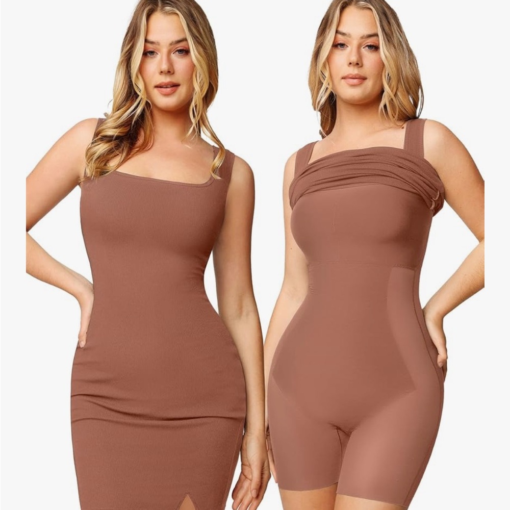 Elegant Tan Shapewear Dress and Jumpsuit Set